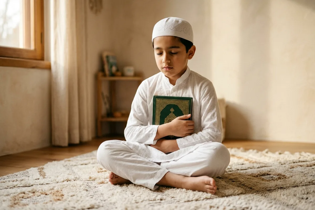 A boy reciting from memory while holding a closed Quran to his chest