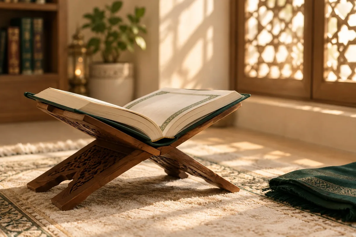 An open Quran resting on a carved wooden stand in soft morning light