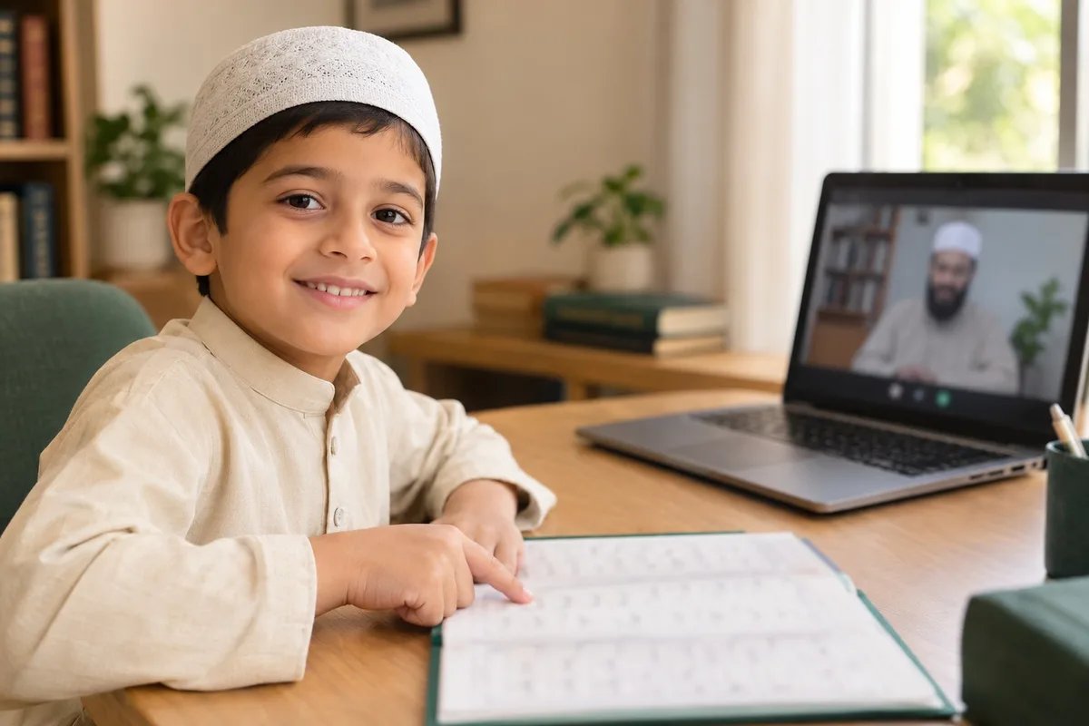 A young boy following his Noorani Qaida lesson with his teacher on a laptop