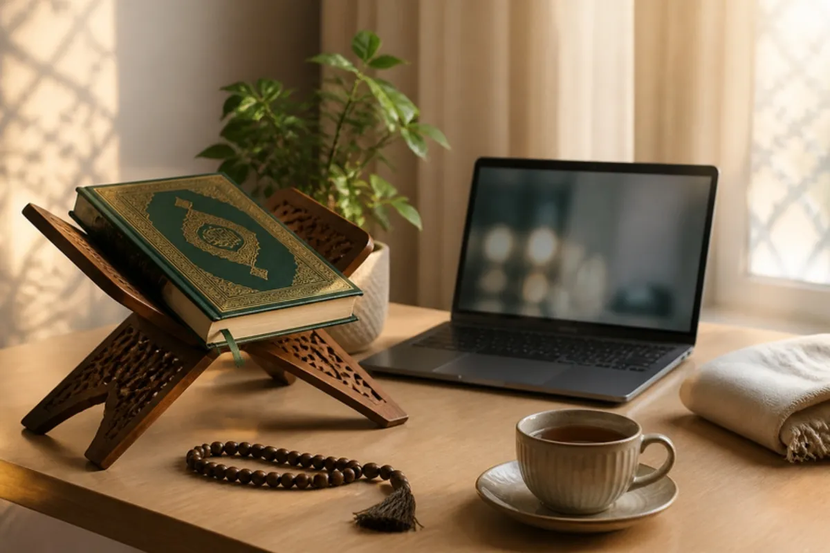A peaceful study corner with a Quran on a wooden rehal, a laptop for online lessons and prayer beads