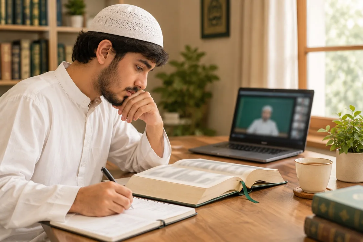 A student studying the meaning of the Quran and taking notes during an online Tafseer lesson