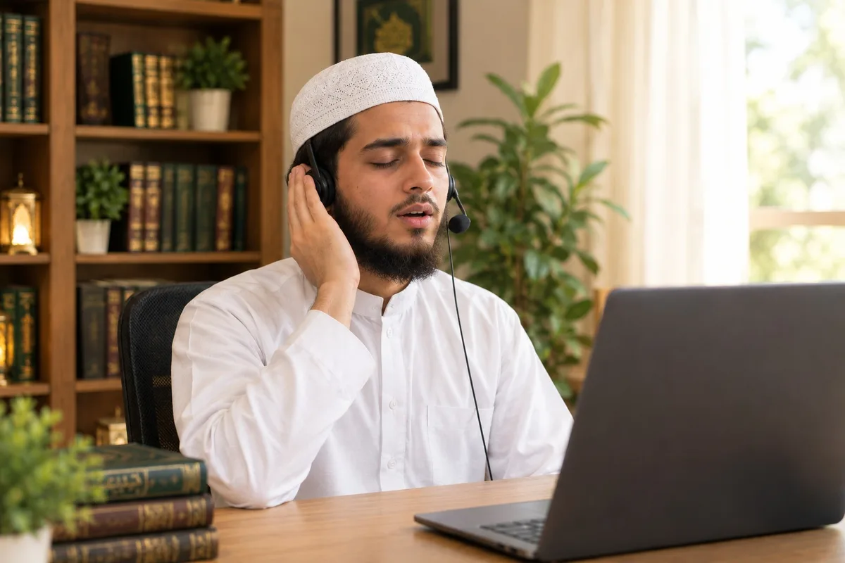 An adult student reciting aloud during a live online Tajweed lesson